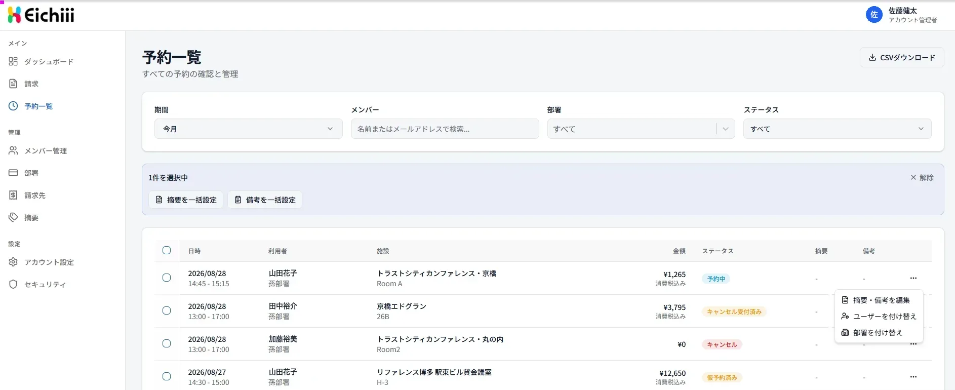 管理者画面の予約一覧。期間・メンバー・部署・ステータスで絞り込み、摘要の一括設定や請求先の付け替えができる
