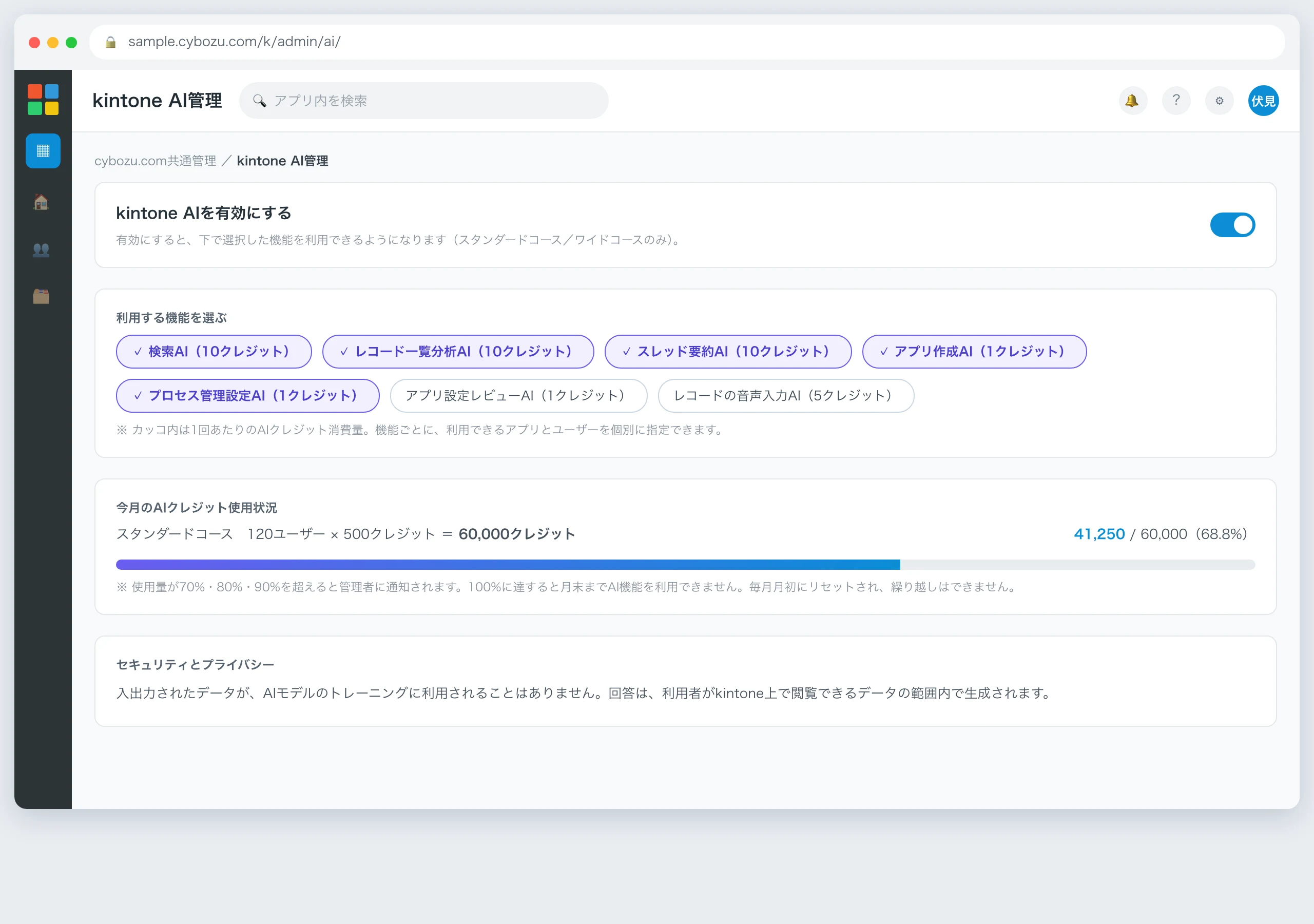 kintone AI管理画面のイメージ。kintone AIを有効にするトグル、利用する機能ごとのクレジット消費量、今月のAIクレジット使用状況のメーター、セキュリティとプライバシーに関する説明が表示されている