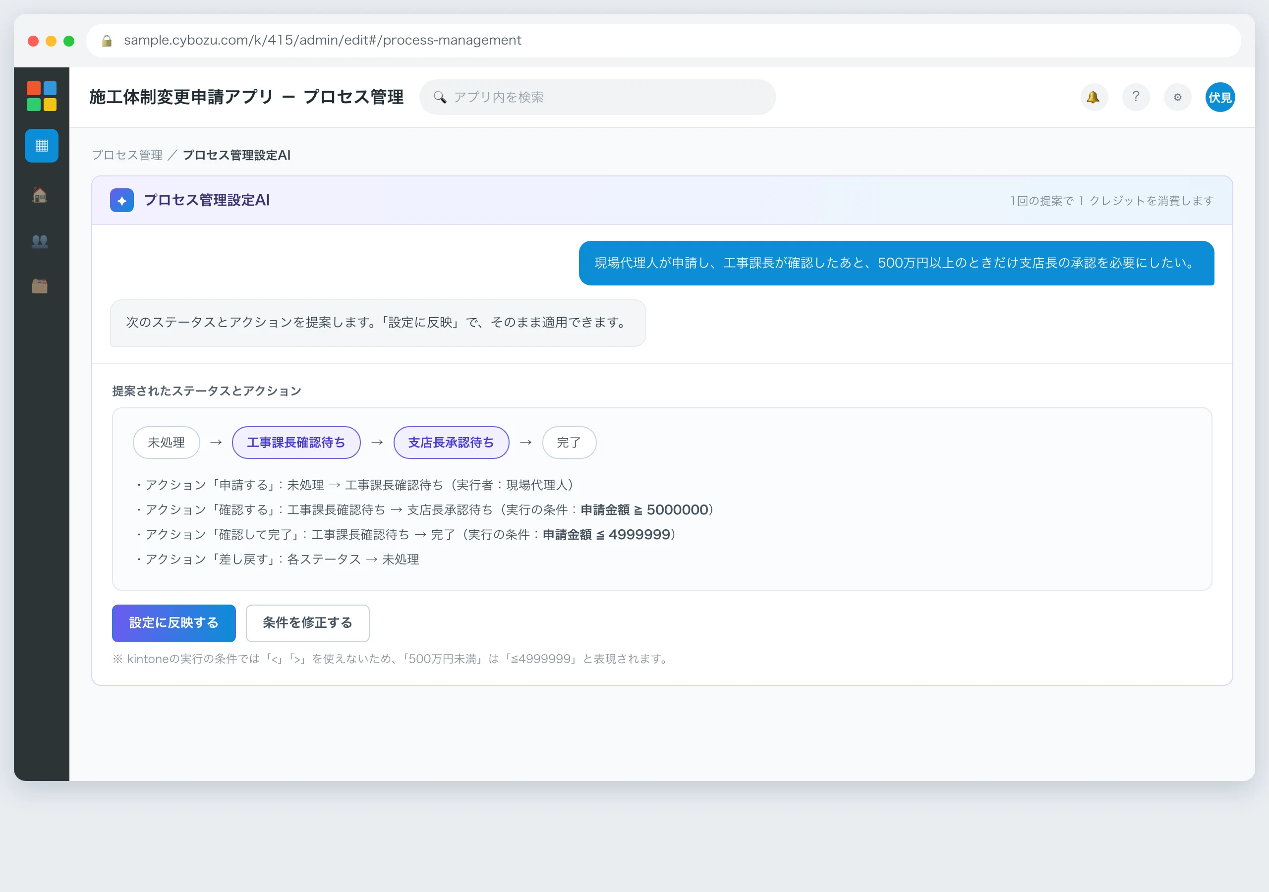 プロセス管理設定AIの画面。現場代理人が申請し工事課長が確認、500万円以上のときだけ支店長承認を必要にしたいという要望に対し、AIがステータスの流れとアクション、実行の条件を提案し、設定に反映するボタンが表示されている画面キャプチャ